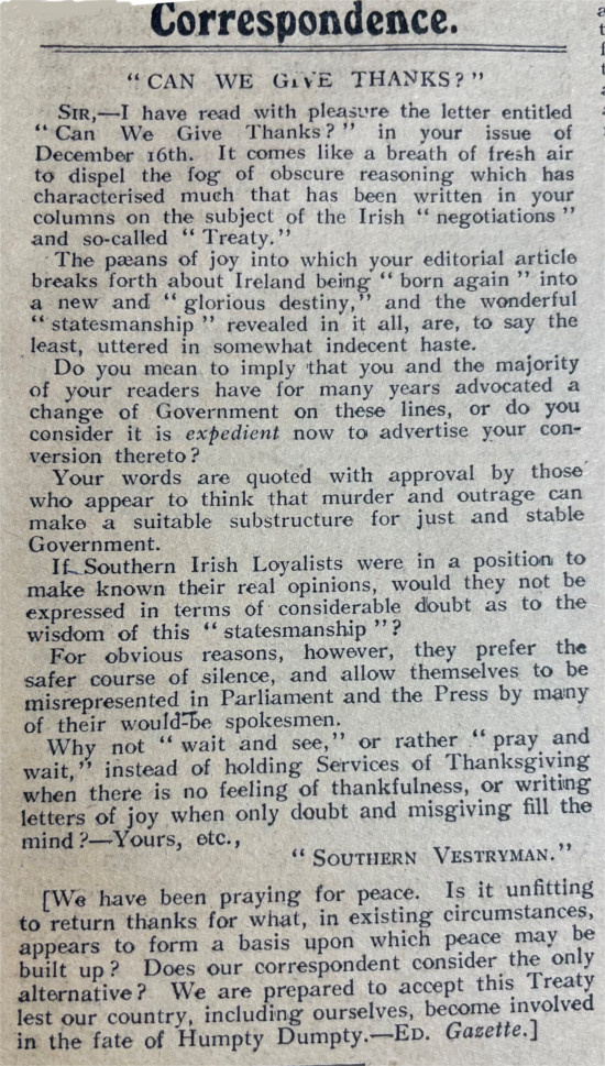 Letters to the editor, and editorial response, published in the Church of Ireland Gazette, 30 December 1921