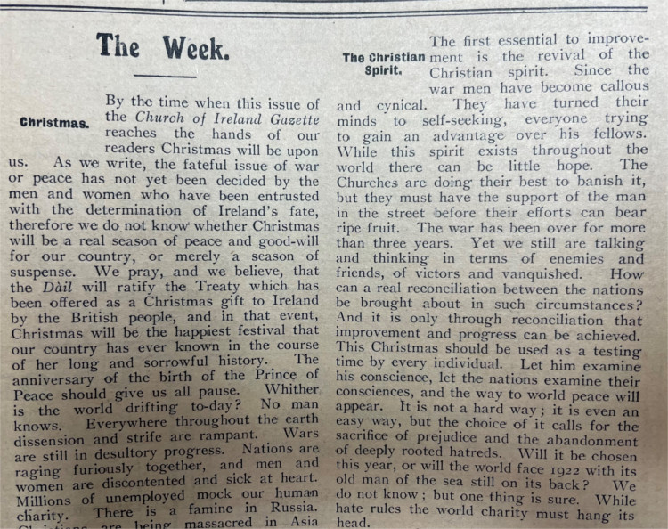 Leader banner articles, Church of Ireland Gazette, 23 December 1921
