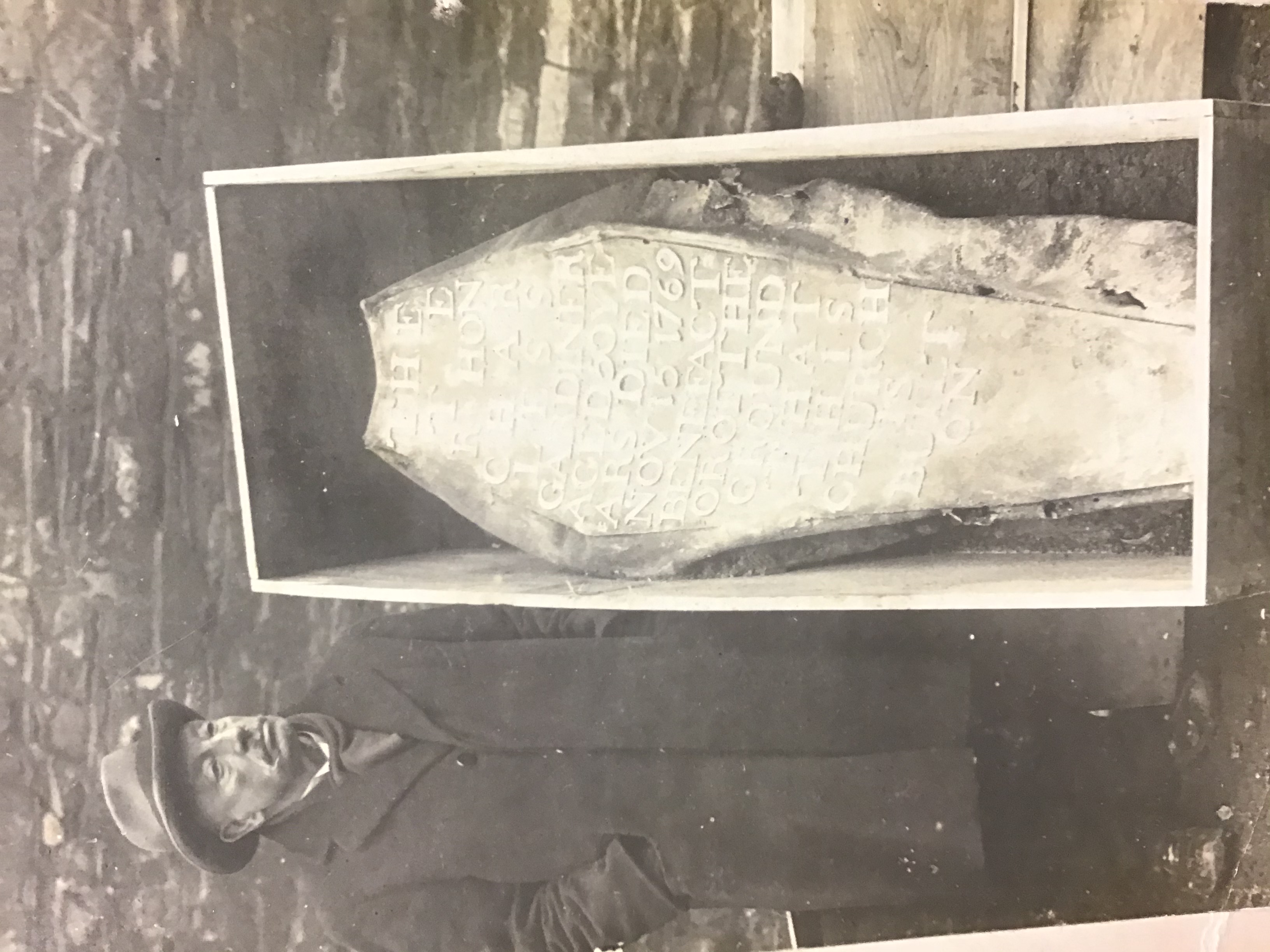 Photograph taken during the re-interring of the remains from the old graveyard. This photograph shows the tombstone of Rt Hon Charles Gardiner, who donated the land where the old church was built. This image shows Mr E. W. Purdon, Rector's Churchwarden, who began his association with the parish of St Thomas some 50 years before the building of the new St Thomas's church. The task of carrying out the removal of the contents of the vaults and churchyard to St Jerome was given to Mr Purdon, under the direction of the then rector, Revd D. H. Hall. RCB Library P.80.27.6