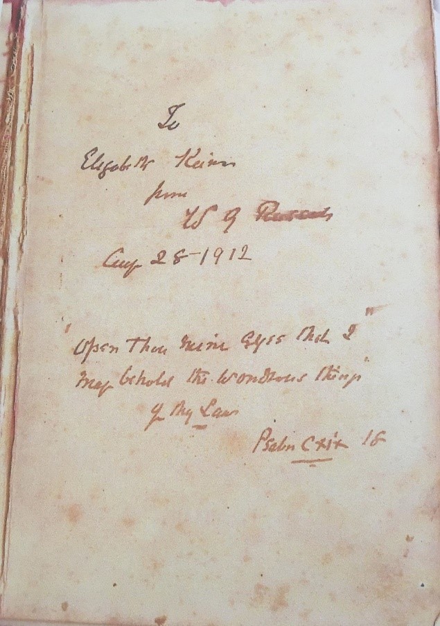 Inscription inside bible given to Elizabeth Kerin at the time of her marriage