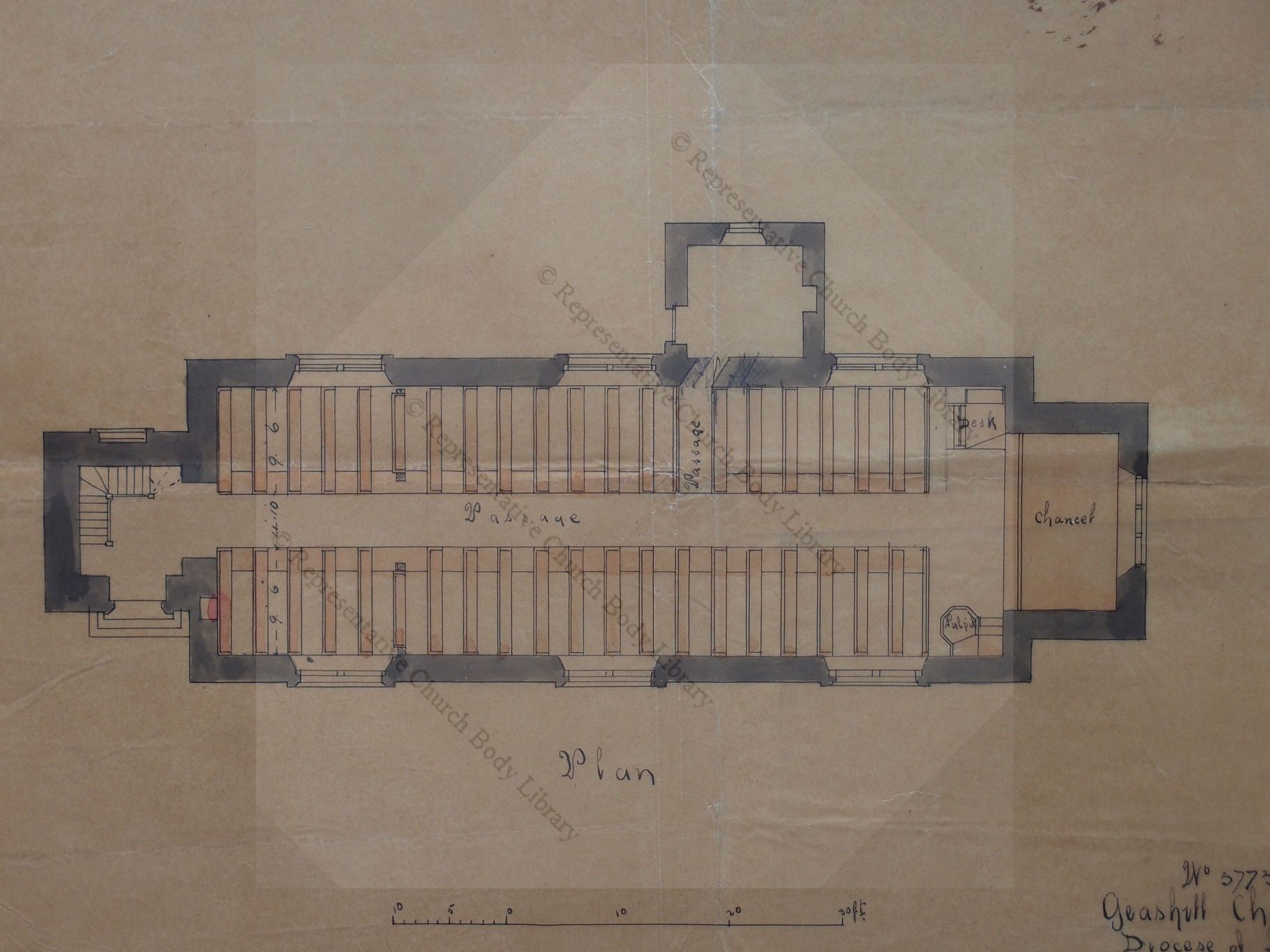 Plan of renovations to the church, 1868. Welland & Gillespie, “Geashill Church. Diocese of Kildare. No 5773. Plan. Welland & Gillespie. Articles of Agreement 22 August 1868,” RCB Library - Architectural 