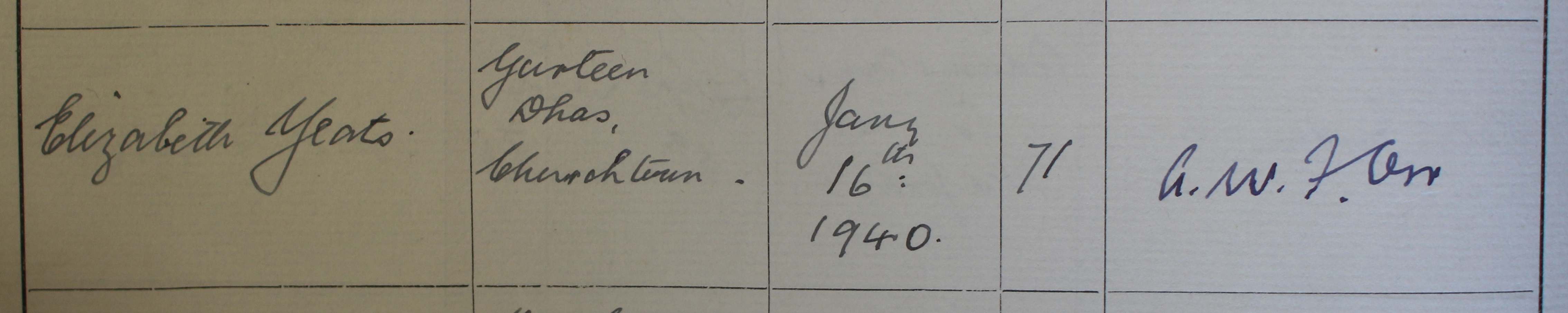 The record of the burial of Elizabeth Corbet Yeats (RCB Library P609.04.6).