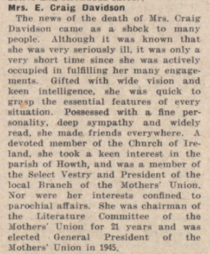 The notice that appeared in the Church of Ireland Gazette on 21 March 1947 regarding Mrs Craig Davidson's death.