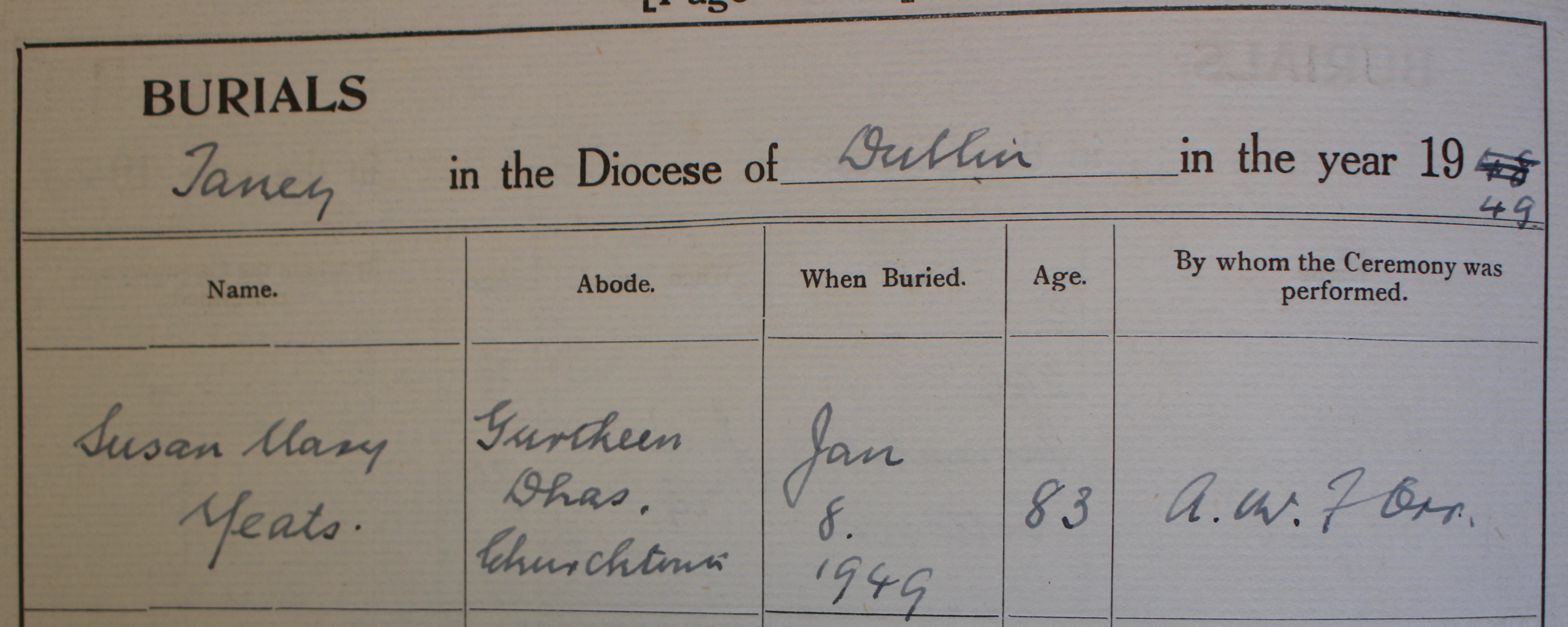 The burial record of Lily Yeats which appears in the same book as that of her sister (RCB Library P609.04.6).
