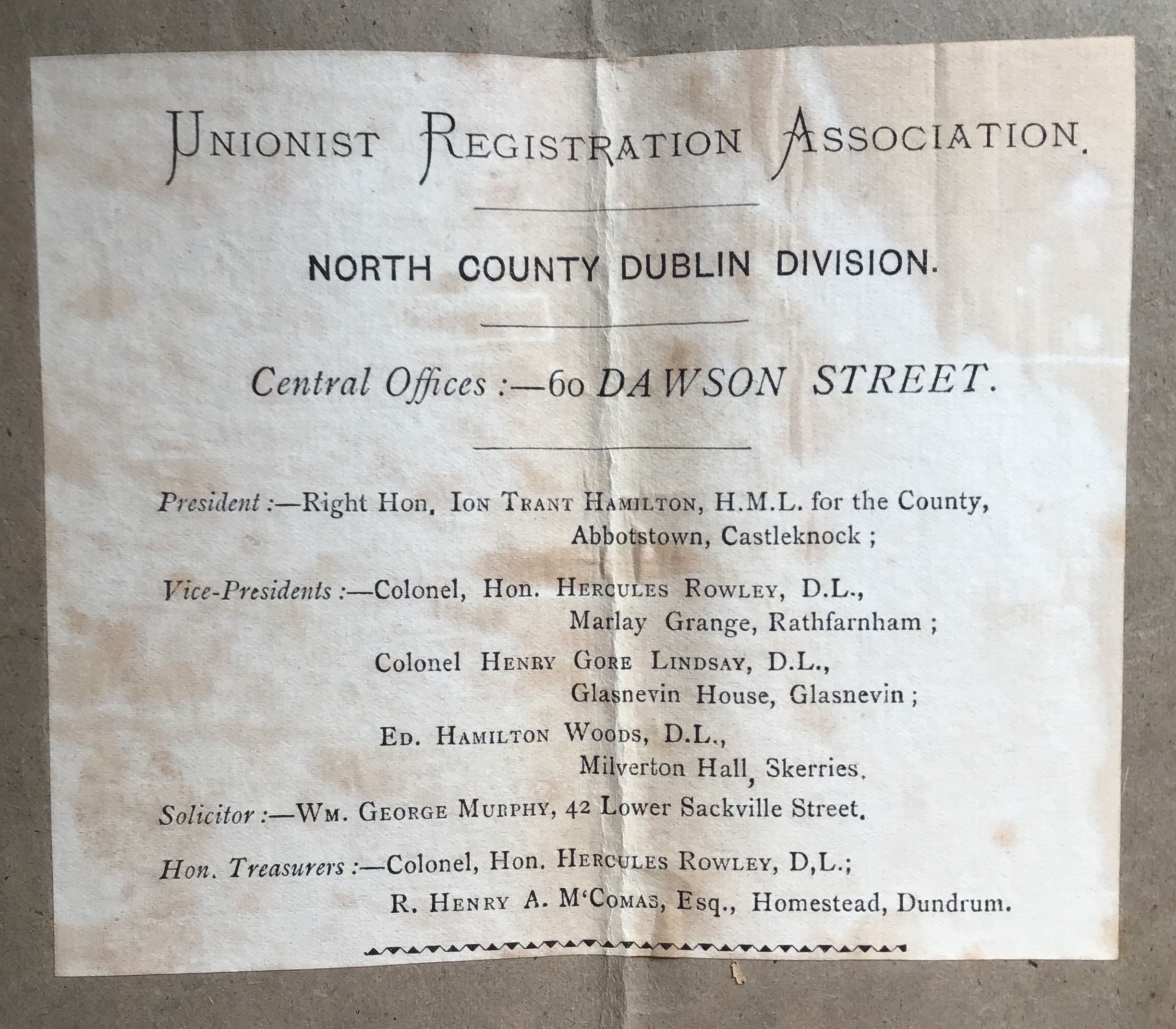 Opposite the first page, the U.R.A. has affixed this stamp, detailing the members of the North County Dublin Division. This was vital in determining the providence of the item.