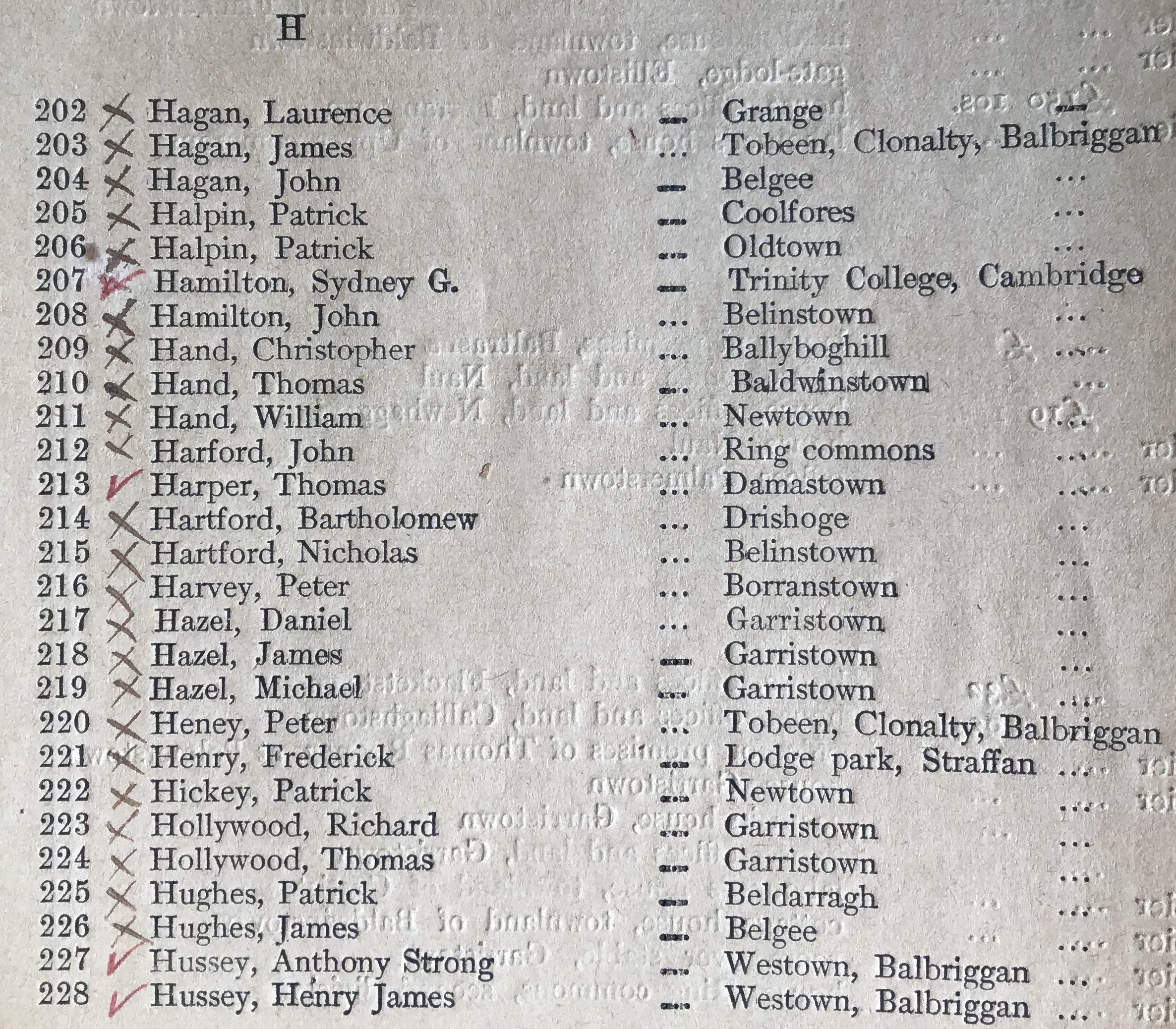 A page of the list of names as found in the item, showing the Hussey family at the bottom of the page.