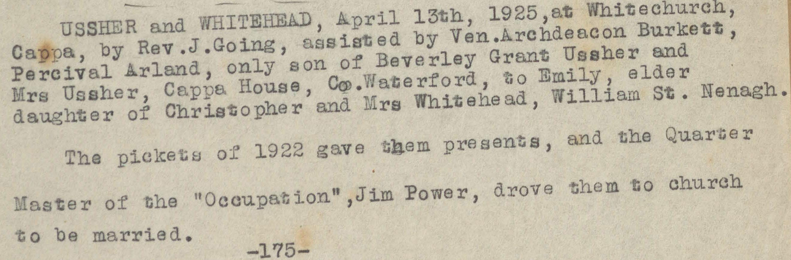 Reference to the wedding of Percy Ussher to Emily Whitehead, 13 April 1925, RCB Library MS 70