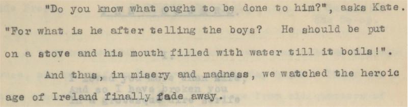 Poignant closing lines of memoir, RCB Library Ms 70, ‘And thus, in misery and madness, we watched the heroic age of Ireland finally fade away'