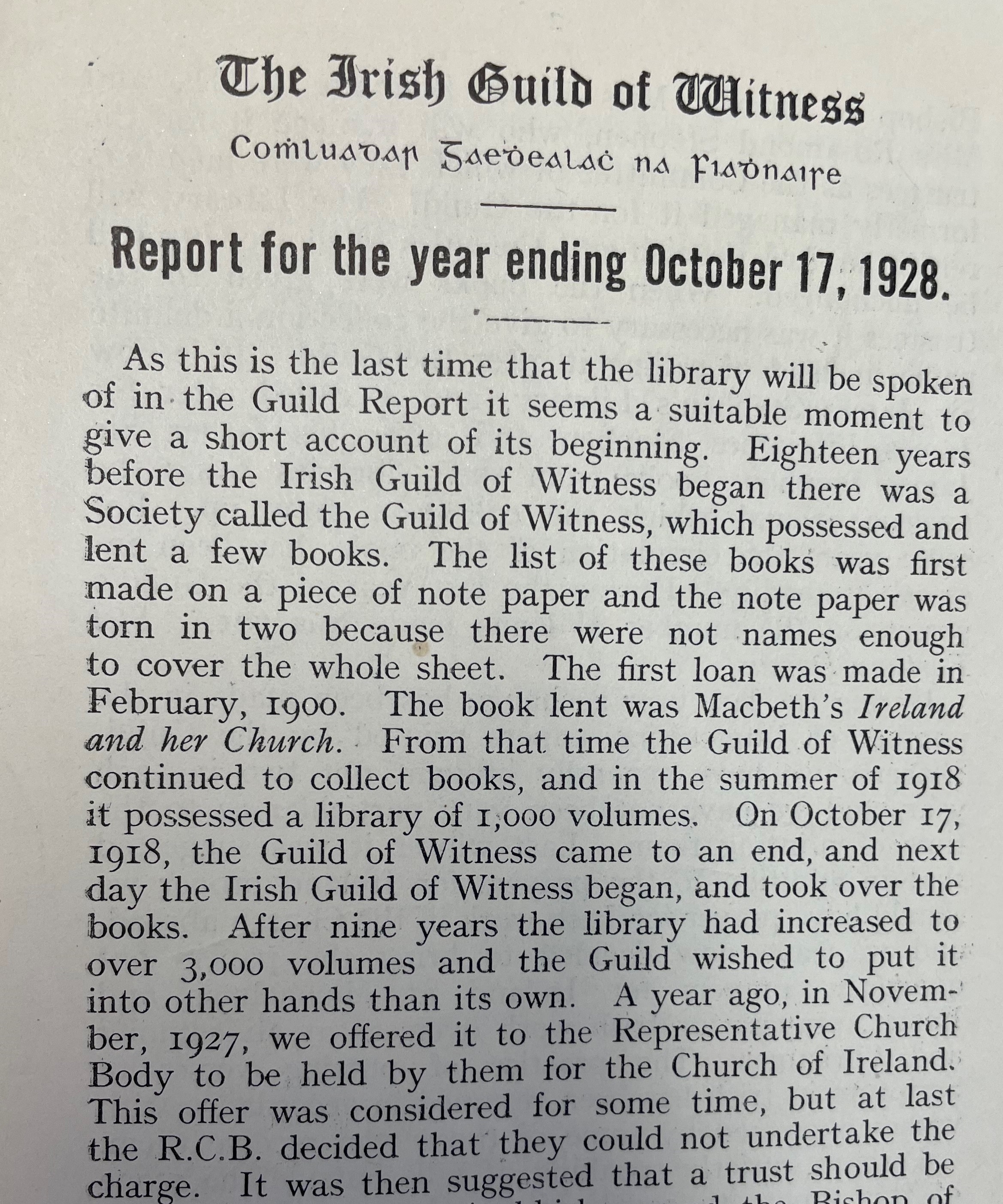 Irish Guild of Witness Annual Report, 1928, RCB Library Ms 89