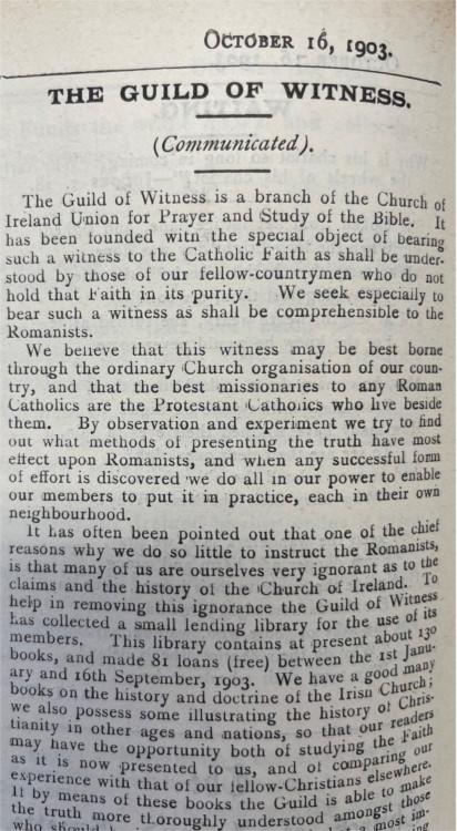 A piece on the the Guild of Witness, Church of Ireland Gazette, 16 October 1903, some two years after its establishment