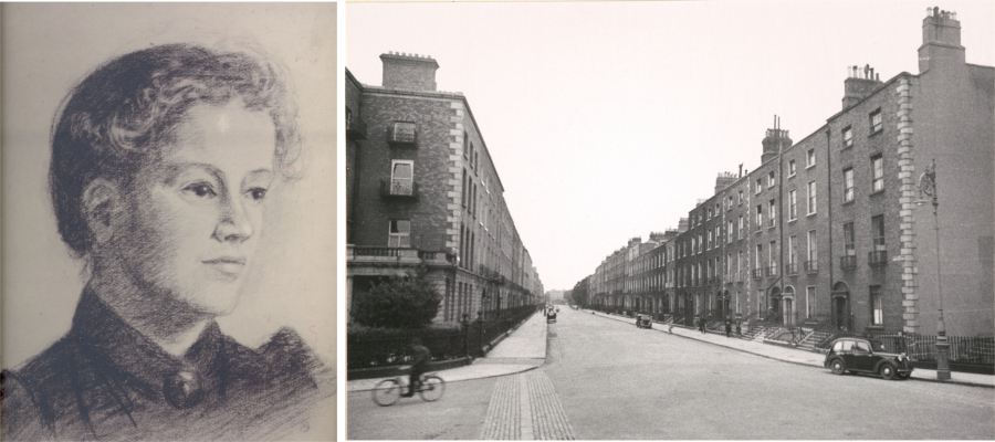 Portrait of Rosamond Emily Stephen in her 24th year by her sister, DJ [Dorothea] Stephen, 1892. RCB Library Collection, and Upper Mount Street in 1940. Shot taken from St Stephen's and showing the correct side of the street, Reproduced with the permission of the Irish Architectural Archive. © Irish Architectural Archive, 43/38 V3