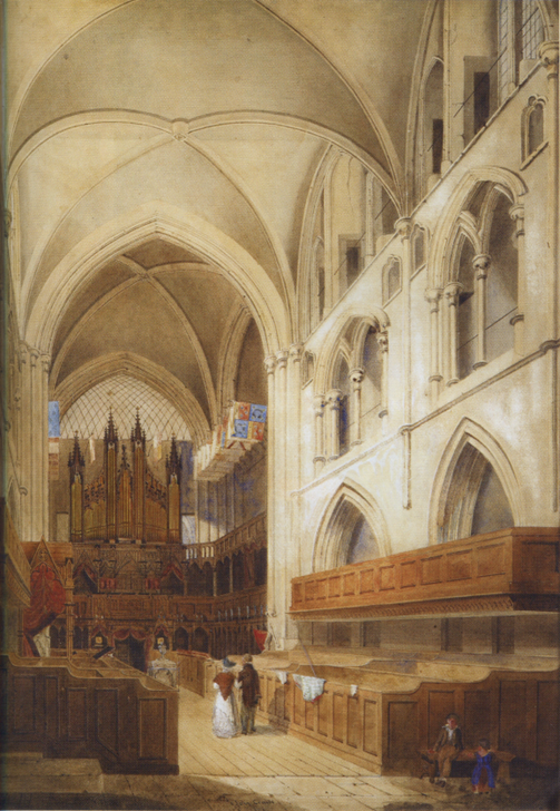 St Patrick's Cathedral looking west, c. 1820, by John Cruise. Space was at a premium in the quire of St Patrick's Cathedral before the Guinness Restoration of the 1860s.