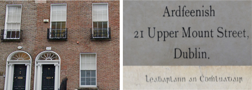 21 Upper Mount Street today and an original library label featuring the name Ardfeenish Library, and postal address