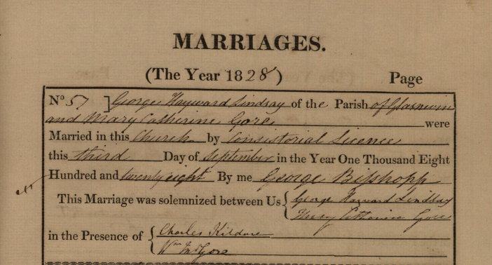 The record of the marriage of George Hayward Lindsey and Mary Catherine Gore in St Werburgh's church, Dublin, 3 September 1828. Note the signatures of the Hon. Rt Revd Charles Dalrymple Lindsay and the Hon. William John Gore as witnesses. RCB Library P.0326.1.1.