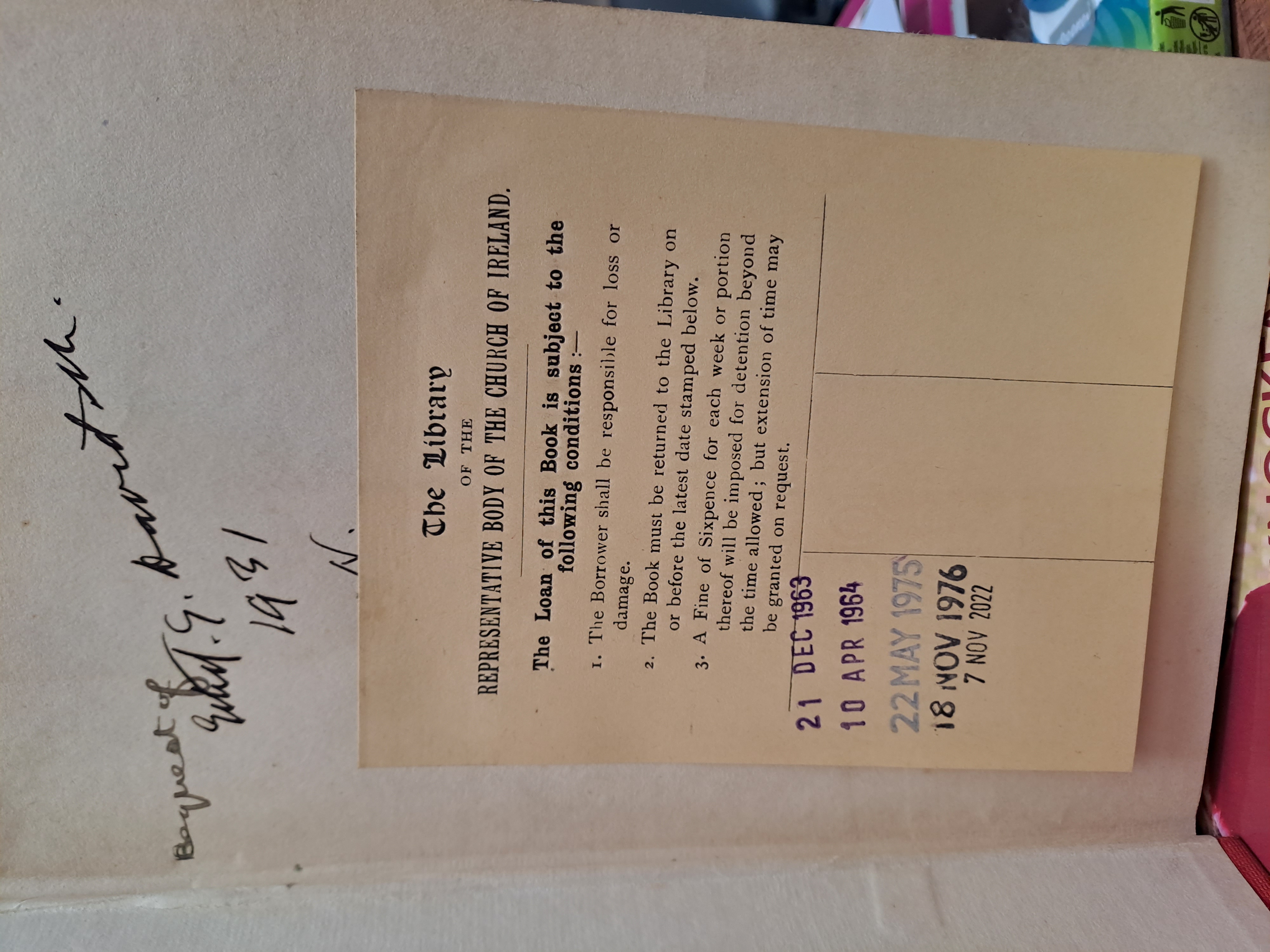 An example of a book marked as a bequest of Ethel G. Davidson (née Goddard). These items will often note when the book was accessioned to the Library, allowing staff to gain an understanding of how the collection grew.