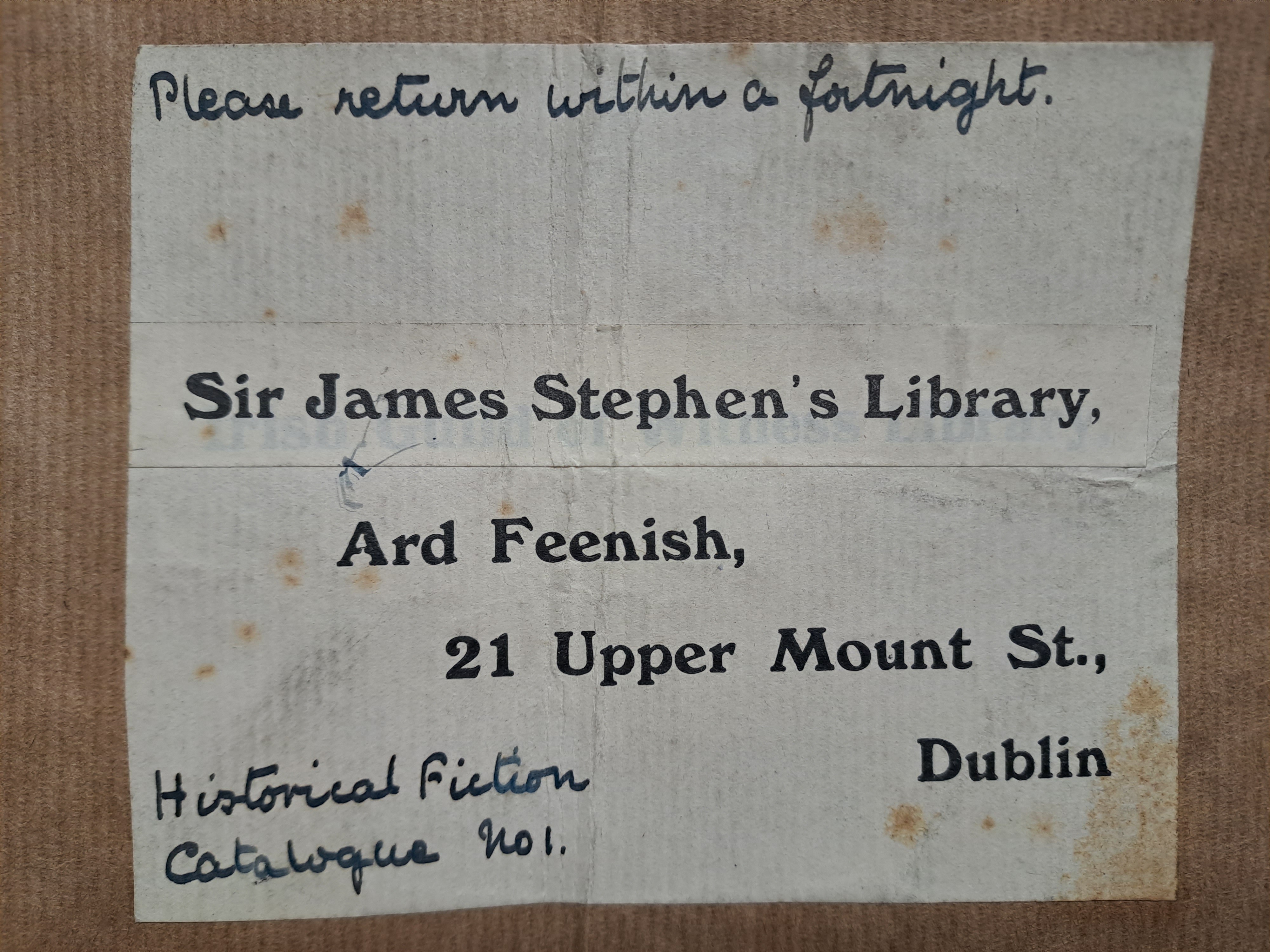 An example of one of the earlier fiction titles available in the Guild of Witness Library. These titles were part of the Sir James Stephen's Library, and were specifically organised according to genre.