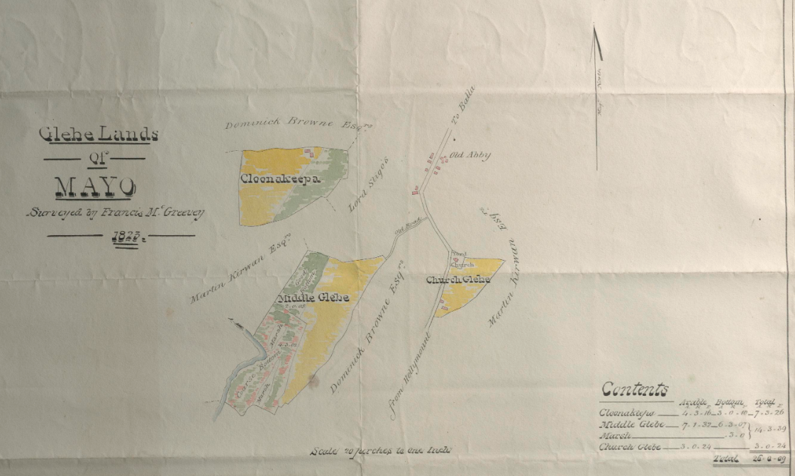 This is an example of an early survey of the glebe lands of Mayo, surveyed by Francis McGreevey in 1825. Some of the maps that form part of this collection contain details of important or historical buildings, as well as reference the names of important landowners from the area. RCB Library D5/17/14