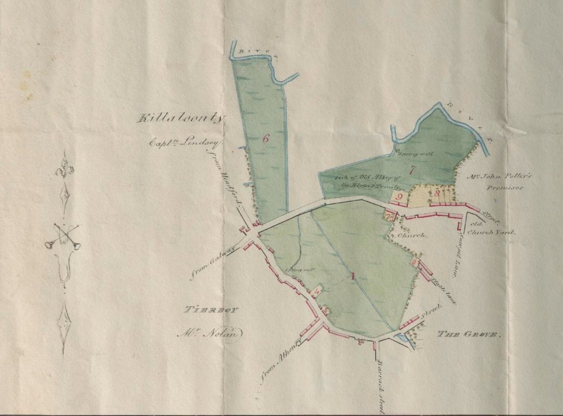 ‘Survey of Land in the West Suburbs of the Town of Tuam, the Property of the Dean of Tuam'. This is an incredibly detailed survey, with references to Killaloonty, Tierboy, and ‘The Grove' and containing references to landowners from the area in 1833. This is another example of a beautifully-illustrated map, with references to locations of interest including the Abbey of the Blessed Trinity, the location of ‘Spring Wells', the church, and the old church yard. RCB Library D5/17/59