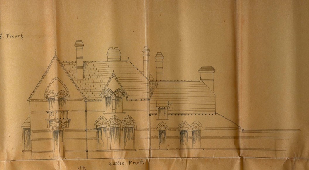 Deane & Woodward, “Athy. Glebe House for the Revd F S Trench. No. 4. Garden Front. Longitudinal Section on line CD Messrs Deane & Woodward archs. June 8 1860. ,” RCB Library - Architectural Drawings, accessed April 4, 2023, https://archdrawing.ireland.anglican.org/items/show/9795.