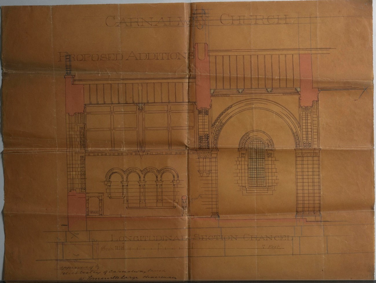 J. F. Fuller, “Carnalway Church. Proposed Additions. Longitudinal Section Chancel. 10ft. Approved by Select Vestry. Chancel Arch. Wall arcade. Chevron Ornament.,” RCB Library - Architectural Drawings, accessed April 4, 2023, https://archdrawing.ireland.anglican.org/items/show/10054.