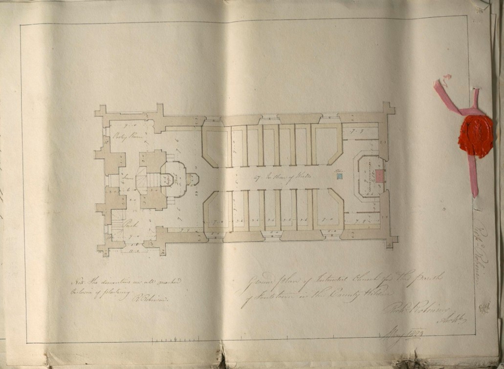 Richard Robinson, “Ground plan of the Intended Church for the Parish of Fontstown. Richard Robinson Arch. May 1823 The dimensions are all marked exclusive of plastering,” RCB Library - Architectural Drawings, accessed April 4, 2023, https://archdrawing.ireland.anglican.org/items/show/9870.