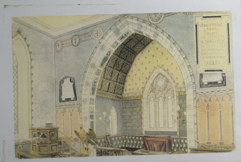 H. Sibthorpe, “Chapelizod. Decorative scheme by H. Sibthorpe & Son of 1908 Chancel Detail IAA Ref. 9/19 Y2.,” RCB Library - Architectural Drawings, accessed March 1, 2023, https://archdrawing.ireland.anglican.org/items/show/9372.