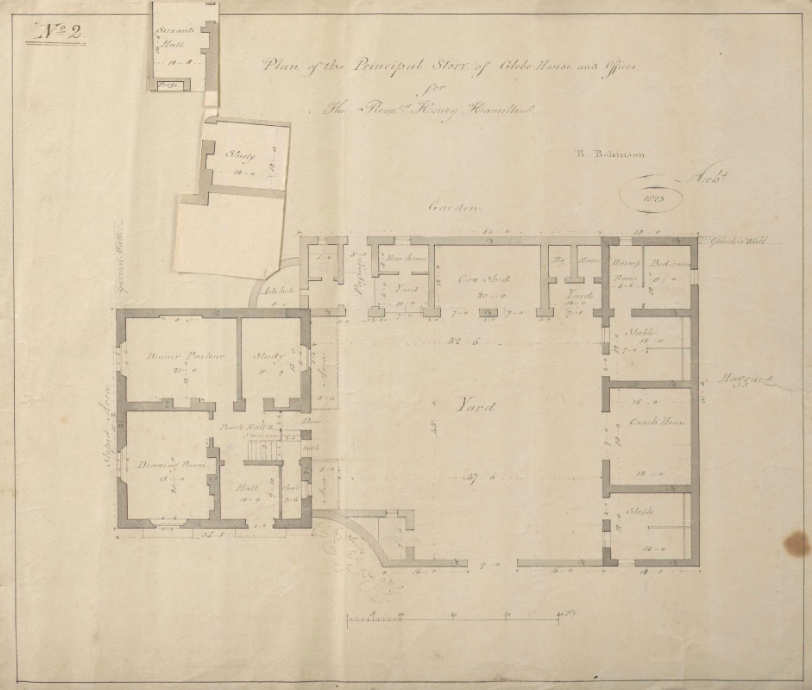 Richard Robinson, “Plan of the Principal Story of Glebe House and Offices for the Revd Henry Hamilton. R. Robinson Archt. 1823 p_0070 Glebe House Building Papers ,” RCB Library - Architectural Drawings, accessed March 1, 2023, https://archdrawing.ireland.anglican.org/items/show/9156.