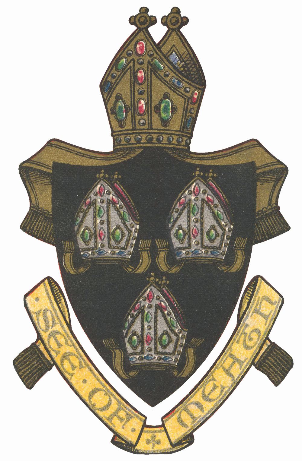 Arms of the diocese of Meath. Sable: three mitres, two and one, argent, labelled or. Image from Arms of the Episcopates of Great Britain and Ireland Emblazoned and Ornamented by Albert H. Warren, (London, 1868)
