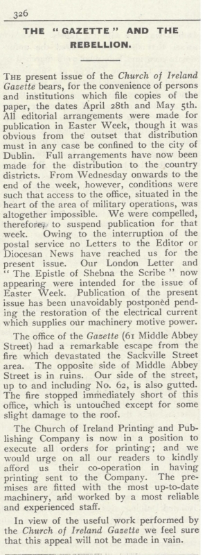 Column on the Gazette and the Rising in Church of Ireland Gazette, April 28-5 May 1916
