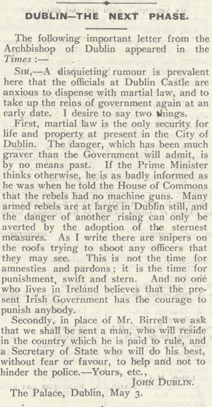 Letter from the Archbishop of Dublin, the Most Revd John Henry Bernard, dated 03 May 1916, reprinted in the Church of Ireland Gazette, April 28-5 May 1916