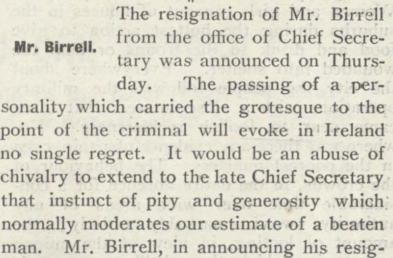 No sympathy for Mr Birrell, from lead article in the Church of Ireland Gazette, April 28-5 May 1916