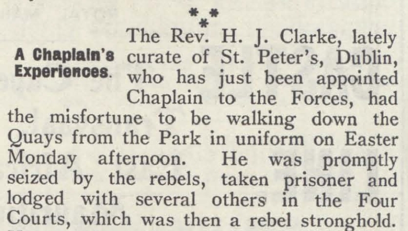 Column on Revd H.J. Clarke's experiences, in the Church of Ireland Gazette, April 28-5 May 1916