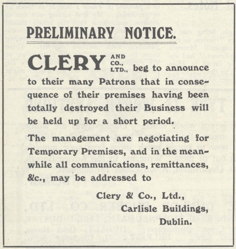 Advertisements for Clery's and Brown Thomas's in the Church of Ireland Gazette, April 28–5 May 1916
