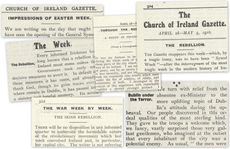 Various sub–headings for columns relating to the Rising as they appeared in the Church of Ireland Gazette, April 28–5 May 1916