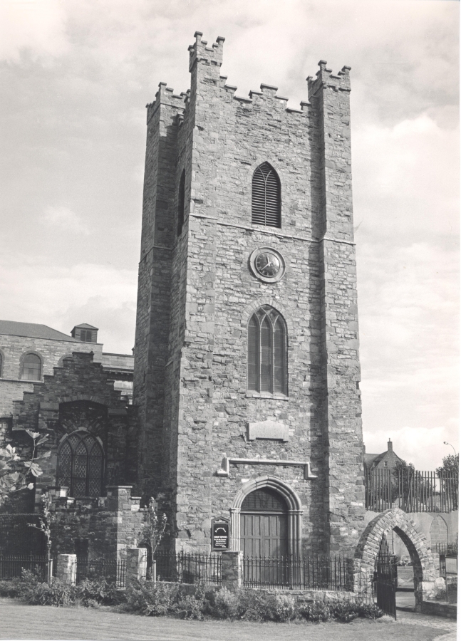 St Audoen's Tower, as photographed by Richard Coe, Blessington. A copy of this image is available in the papers of the late Canon John Crawford, RCB Library Ms 465. We are grateful to Richard Coe for permission to reproduce his image.