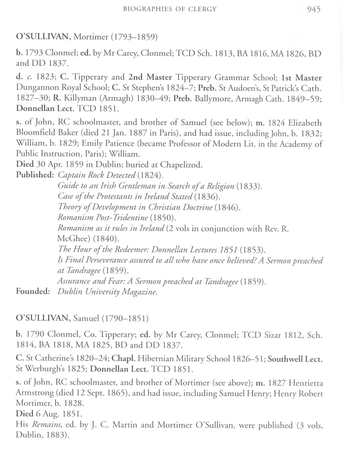 Biographical entries as they appear next to each other in the printed clerical succession list: Clergy of Dublin and Glendalough Biographical Succession Lists compiled by Canon J.B. Leslie and revised and updated by W.J.R. Wallace (Ulster Historical Foundation, Belfast, 2001).