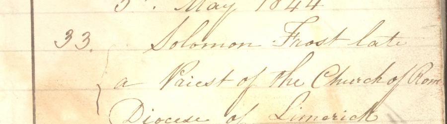 Entry no. 33 for Solomon Frost, late a Priest of the Church of Rome, Diocese of Limerick, RCB Library P116/1/4.