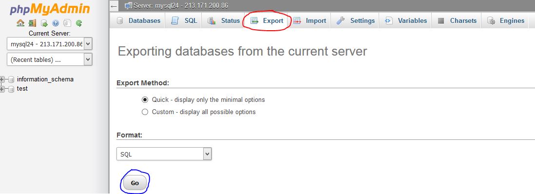 Click on the "Export" tab (circled in red) then on the "Go" button.