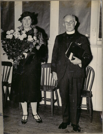 Canon Harry Dobbs and his wife Kathleen on the occasion of his 25th anniversary as vicar of All Saints, Blackrock, in 1939, in the custody of the author. © Julie Parsons
