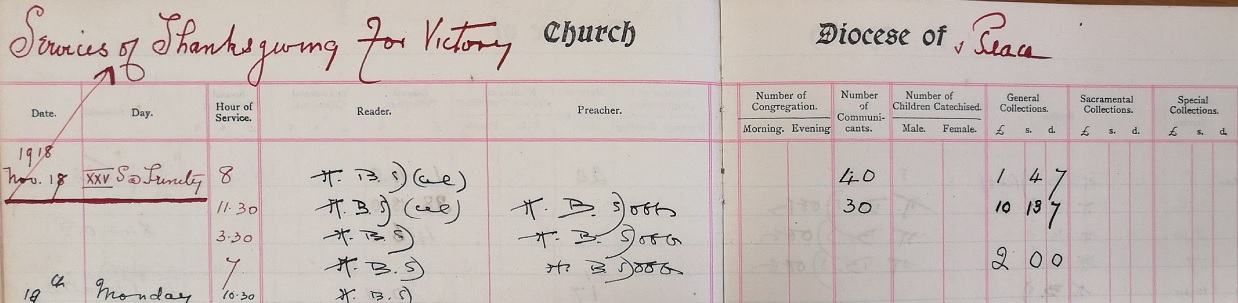 Canon Harry Dobbs' colourful annotation of the Preachers book, All Saints, Blackrock, on the same date, RCB Library, P714/8/6.