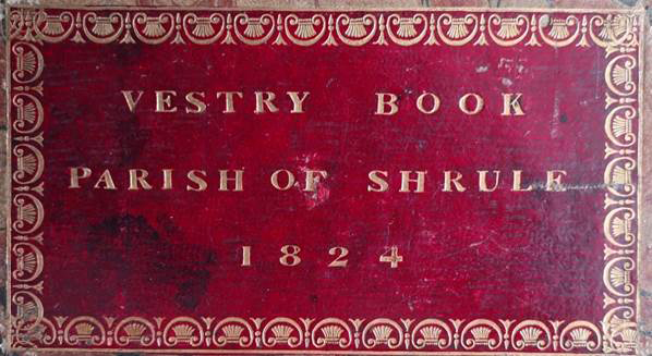 The front cover of a vestry book from Shrule, P.001.