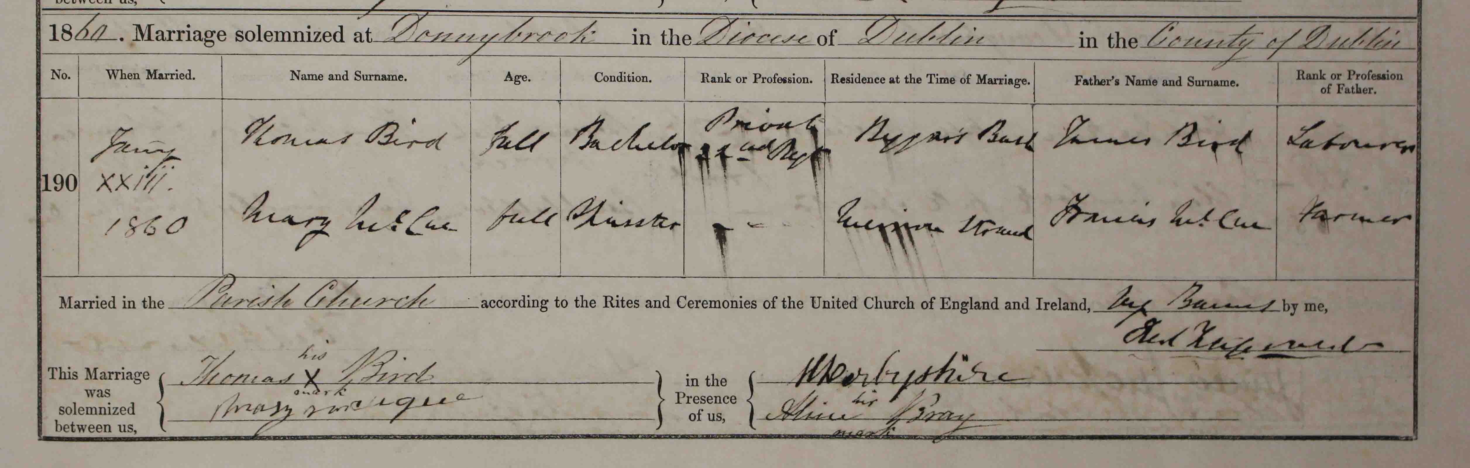 The marriage entry of Thomas Bird and Francis McCague, 23 January 1860, St Mary's Church, Donnybrook, RCB Library P246.2.2.