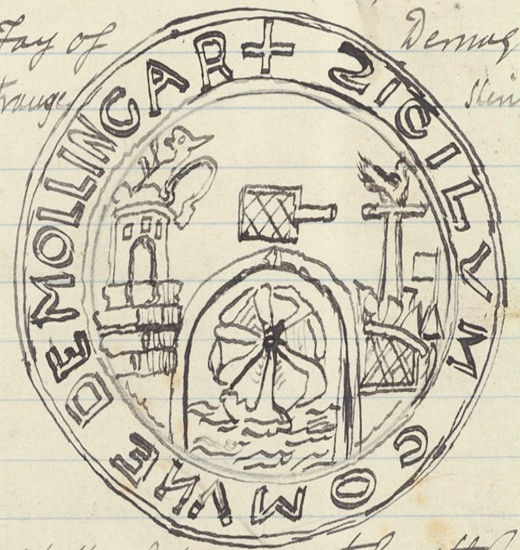 The Revd William Reynell's volume includes his sketch of Mullingar's town seal, which bears the chief device of a ‘mill wheel'.  RCB Library P336.20.1, page 18.