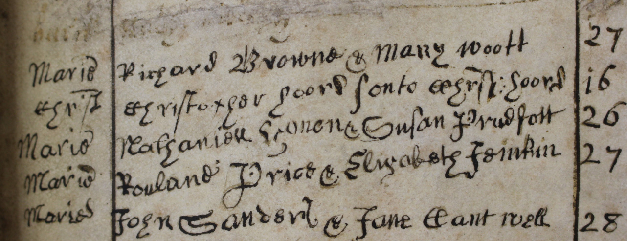 The entries for February 1619 (RCB Library P328.01.1) showing the records of marriages and christenings that occurred in St John the Evangelist, Dublin.