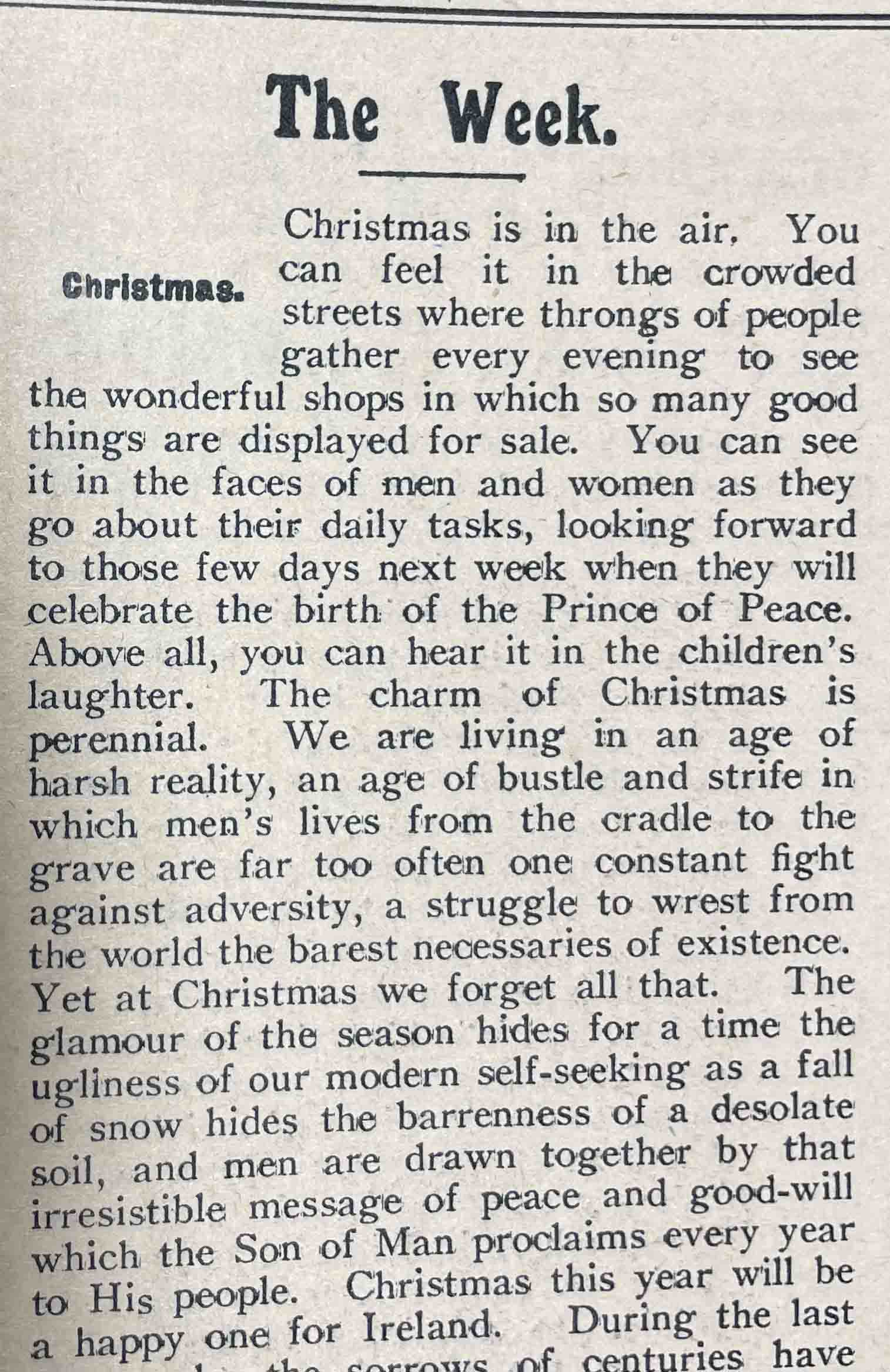 The lead article published in the Church of Ireland Gazette, 16th December 1921.