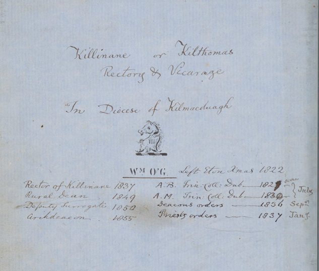 Title page of the Killinane rector's register, bearing the arms, initials and clerical details of the Revd William O'Grady, RCB Library P959.29.