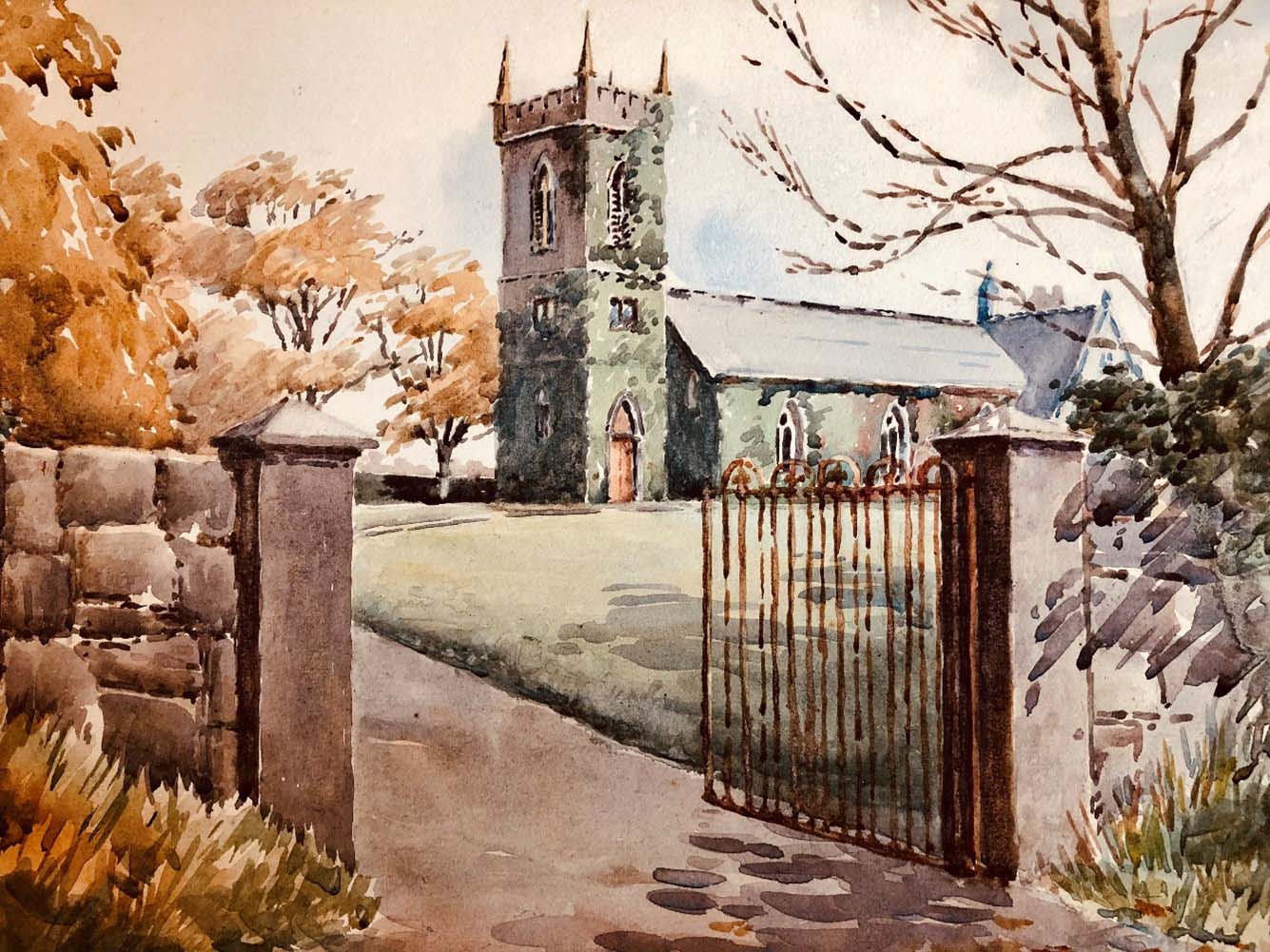A watercolour painting of St Catherine's Church, Ahascragh, was gifted to the Revd Henry de Vere Hunt on his retirement in 1918, and recently returned to the parish.  This forms part of a watercolour series which also pictures Ahascragh village and Castlegar House.
