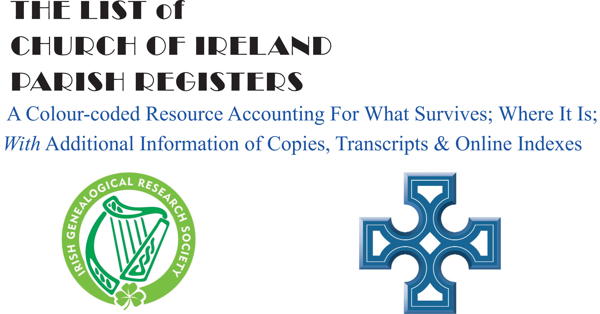 The title page for the online colour-coded List of Church of Ireland Parish Registers.