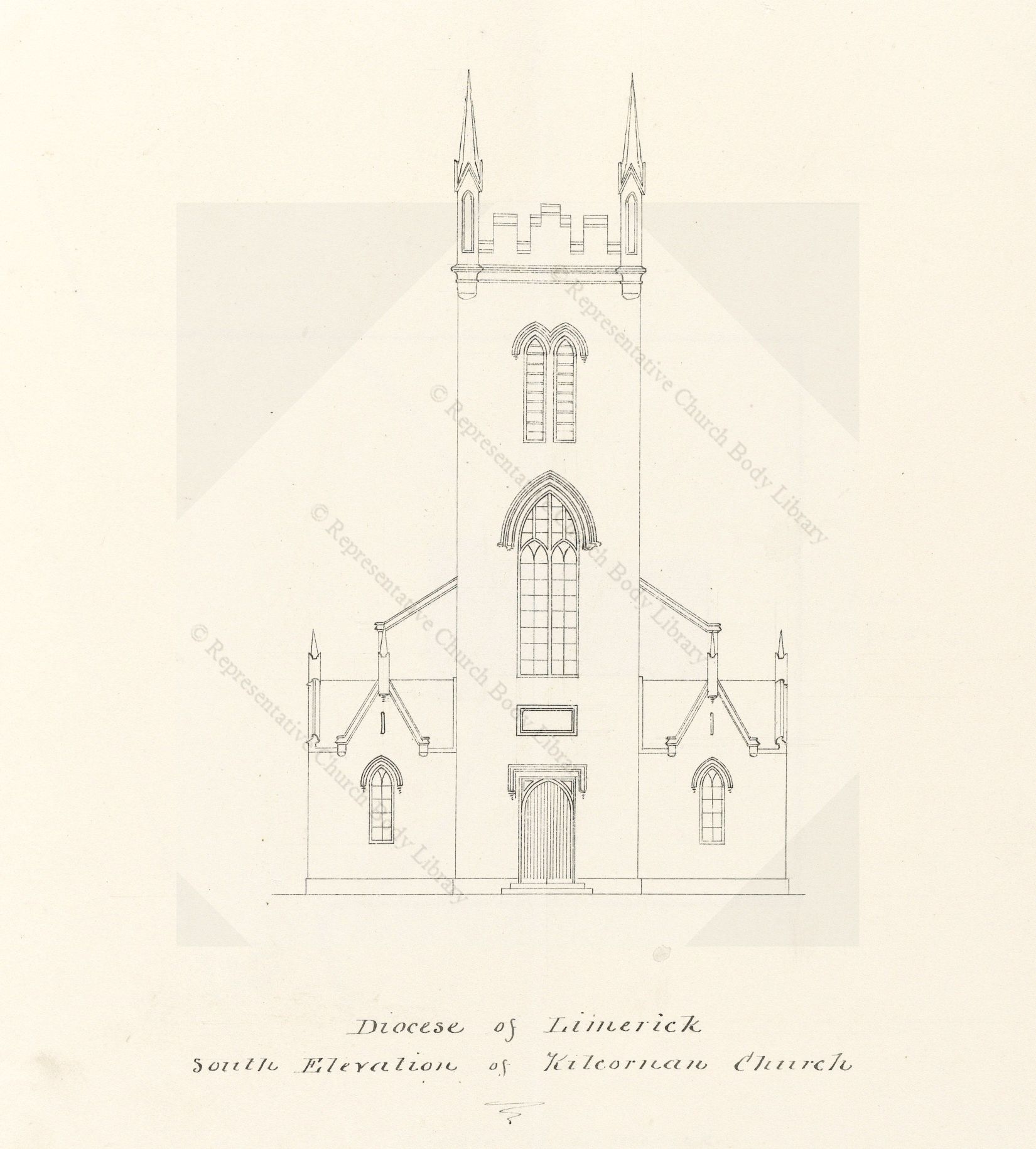 An architectural drawing of Kilcornan Church, Castletown, Co. Limerick. The church was built in 1831 using Board of First Fruits funding and was deconsecrated in 1956.  Today despite its history, the church and graveyard are in fair state of repair.