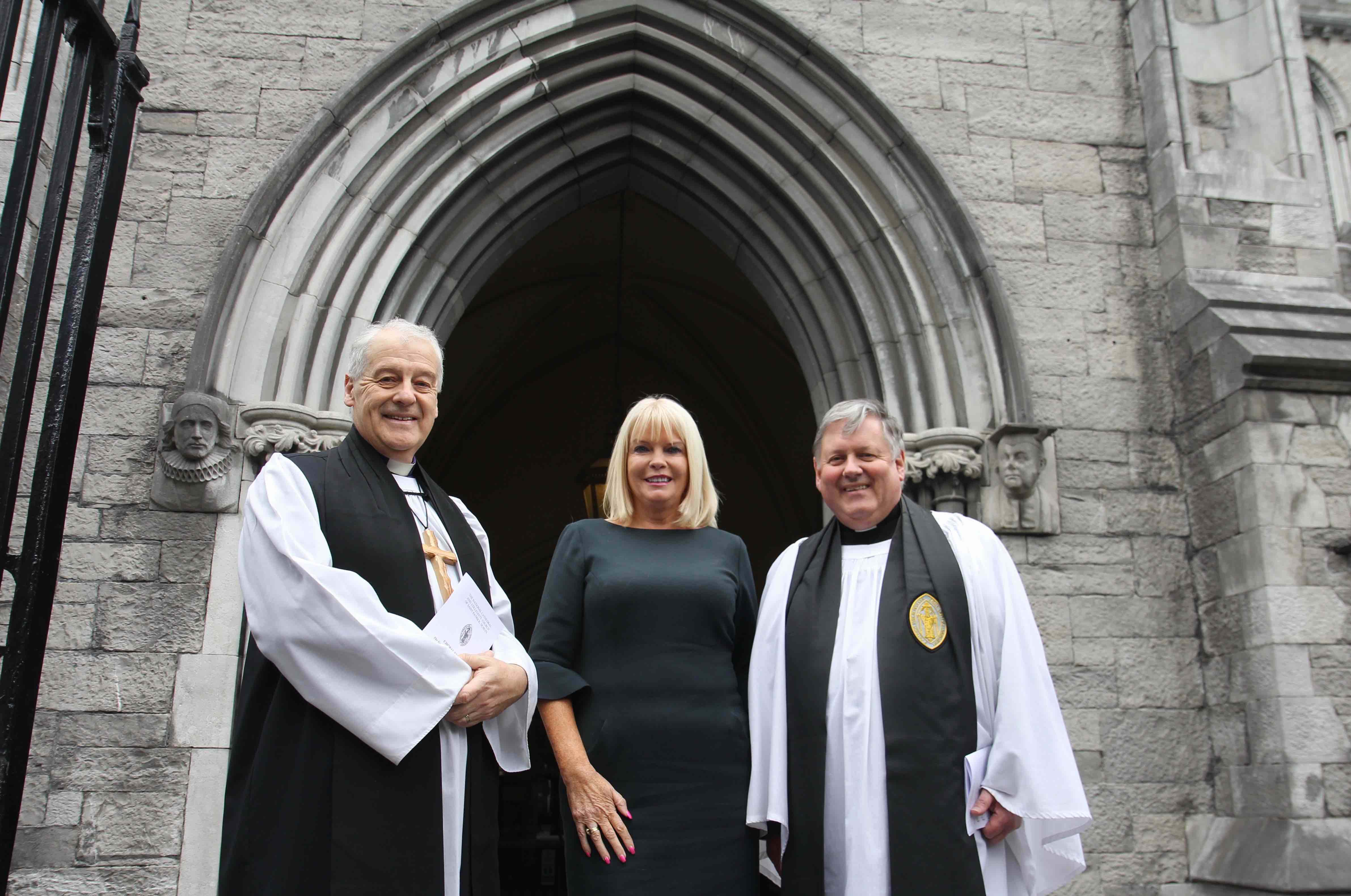 Minister Mary Mitchell O'Connor with Archbishop Michael Jackson and Dean William Morton at the Second Level Schools Service in St Patrick's Cathedral.